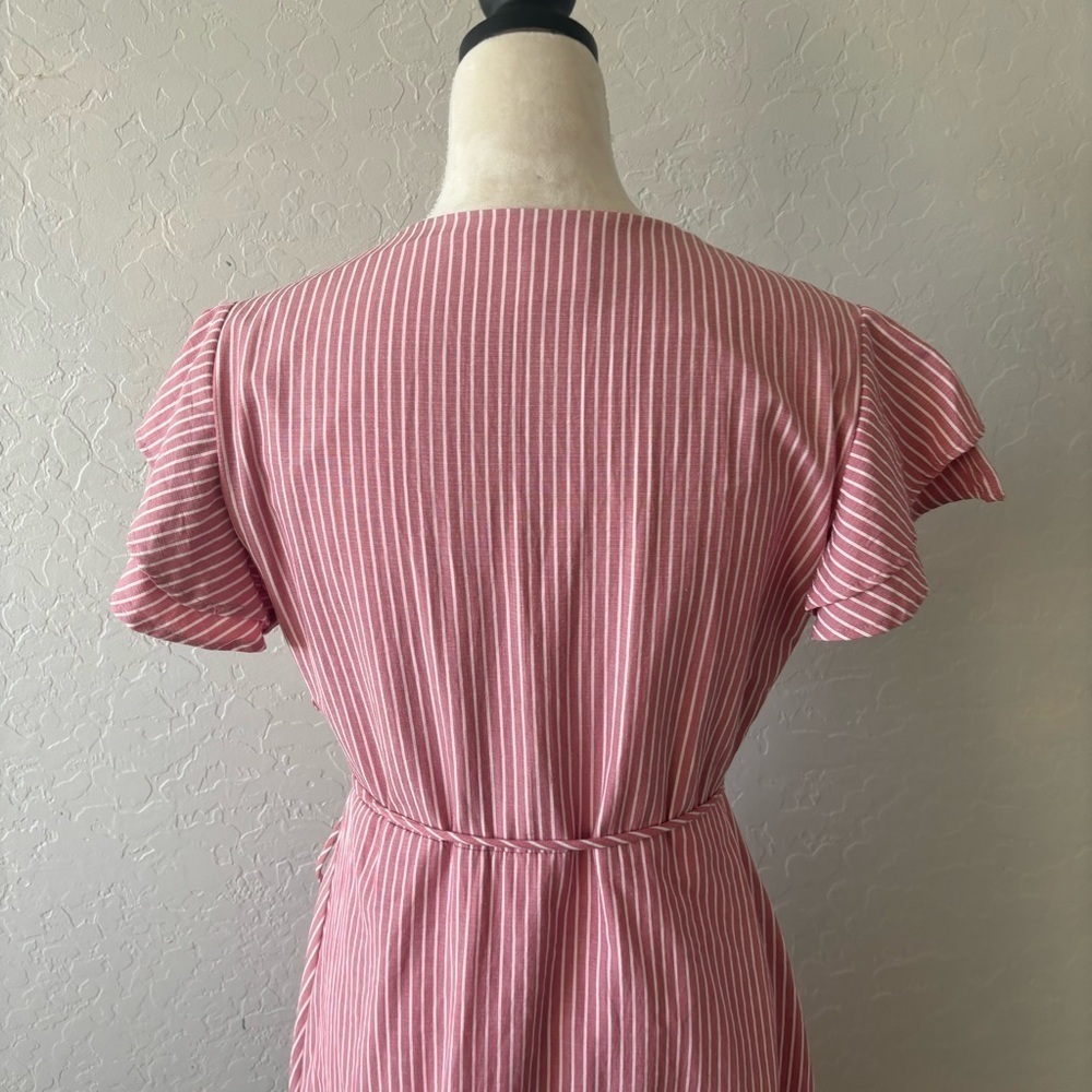 Francesca’s Harper Heritage Pink White Striped Ruffle Sleeve Wrap Dress Large - Picture 7 of 12